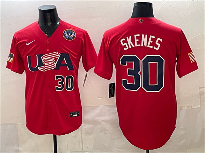 Men's USA Baseball 30 Paul Skenes Red 2026 World Baseball Classic United States 250th Anniversary Patch Stadium Stitched Jersey