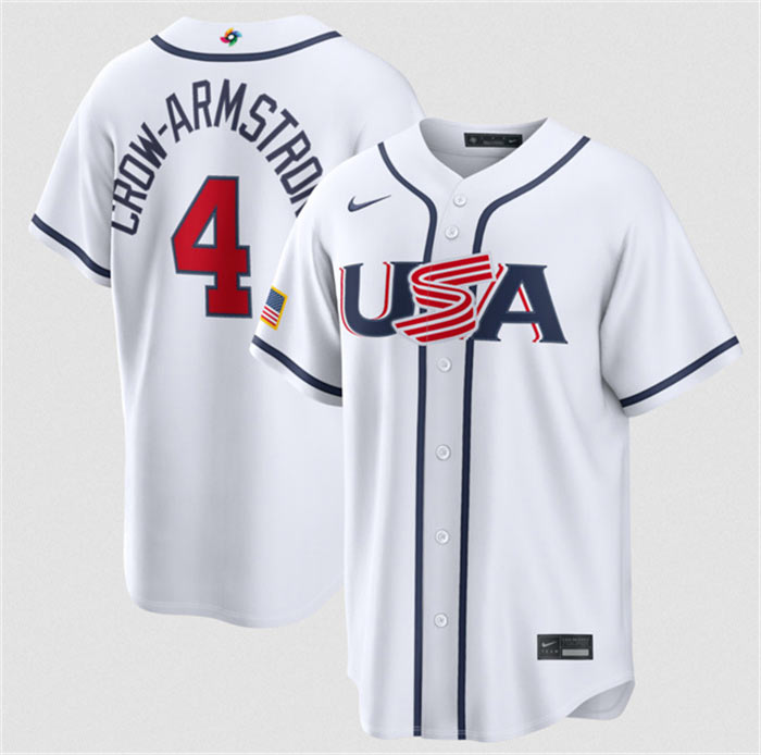 Men's USA Baseball 4 Crow Armstrong White 2026 World Baseball Classic Home Stadium Stitched Jersey