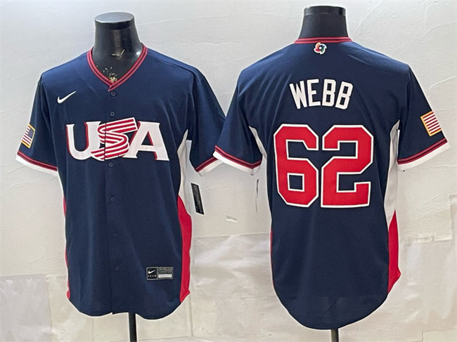 Men's USA Baseball 62 Logan Webb Navy 2026 World Baseball Classic Road Stadium Stitched Jersey