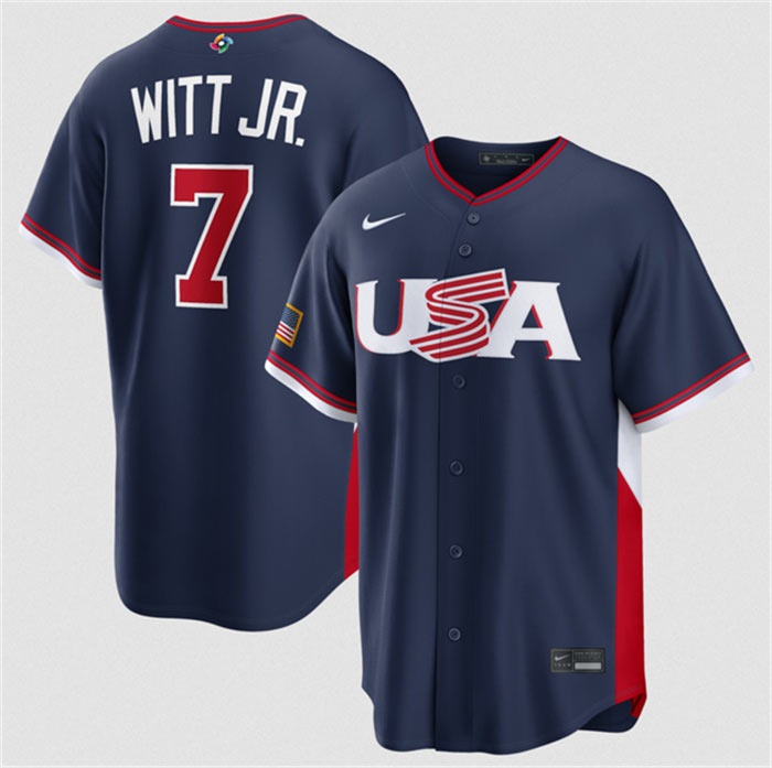 Men's USA Baseball 7 Bobby Witt Jr. Navy 2026 World Baseball Classic Road Stadium Stitched Jersey