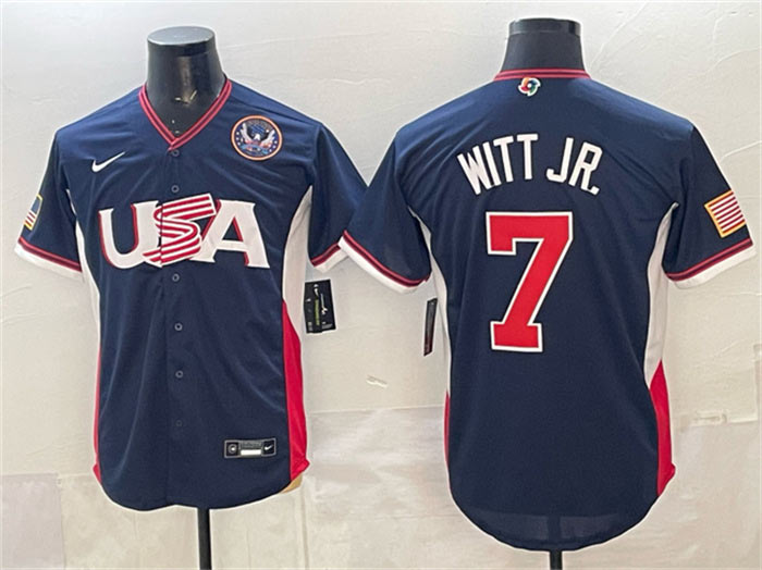 Men's USA Baseball 7 Bobby Witt Jr. Navy 2026 World Baseball Classic United States 250th Anniversary Patch Road Stadium Stitched Jersey