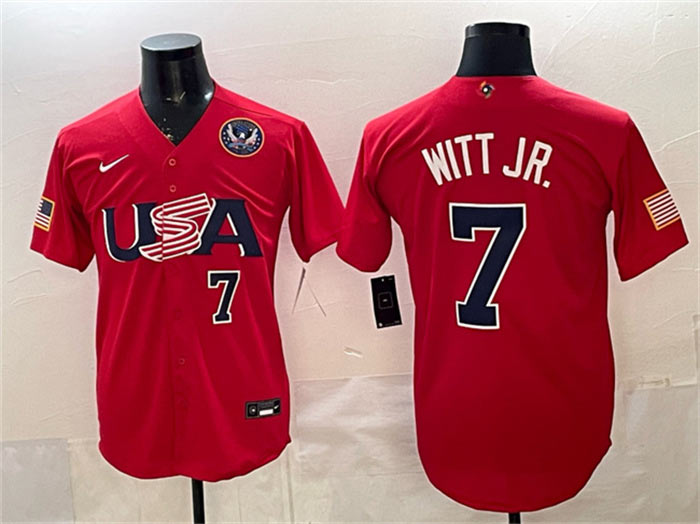 Men's USA Baseball 7 Bobby Witt Jr. Red 2026 World Baseball Classic United States 250th Anniversary Patch Stadium Stitched Jersey
