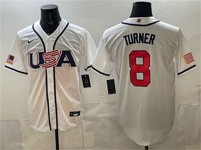 Men's USA Baseball 8 Trea Turner White 2026 World Baseball Classic Home Stadium Stitched Jersey