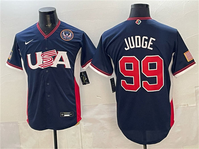 Men's USA Baseball 99 Aaron Judge Navy 2026 World Baseball Classic United States 250th Anniversary Patch Road Stadium Stitched Jersey