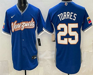 Men's Venezuela 25 Gleyber Torres Blue 2026 World Baseball Classic Cool Base Jersey