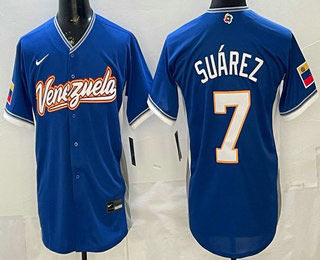 Men's Venezuela 7 Eugenio Suarez Blue 2026 World Baseball Classic Cool Base Jersey