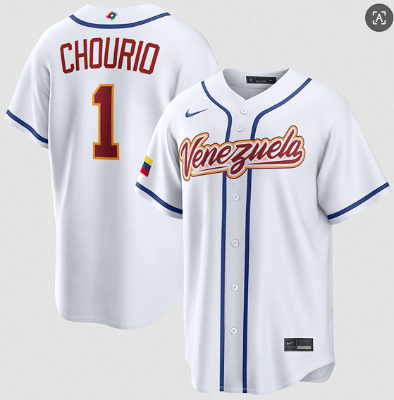 Men's Venezuela Baseball 1 Jackson Chourio White 2026 World Baseball Classic Home Stadium Stitched Jersey