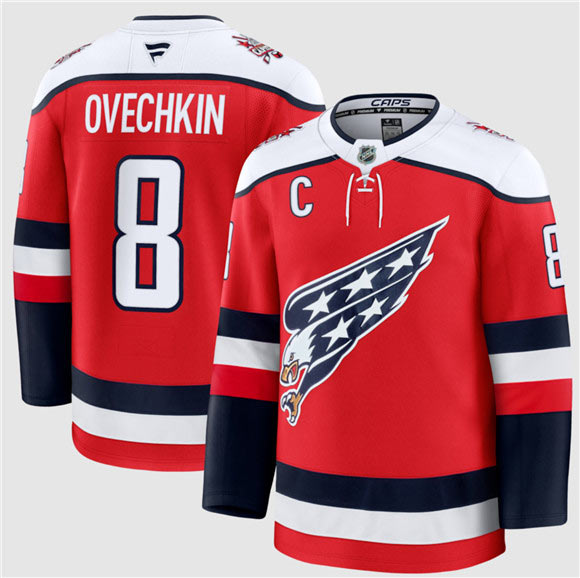 Men's Washington Capitals 8 Alexander Ovechkin Red 2025 26 C Patch Alternate Stitched Hockey Jersey