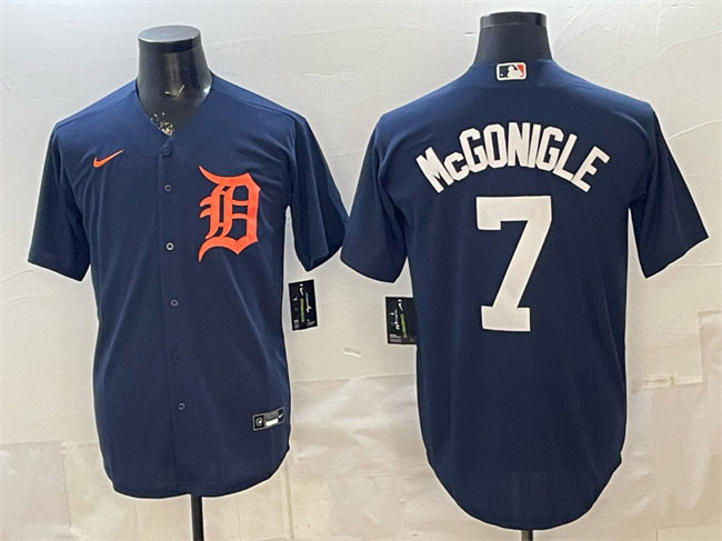 Mens Detroit Tigers 7 Kevin McGonigle Navy Cool Base Stitched Baseball Jersey