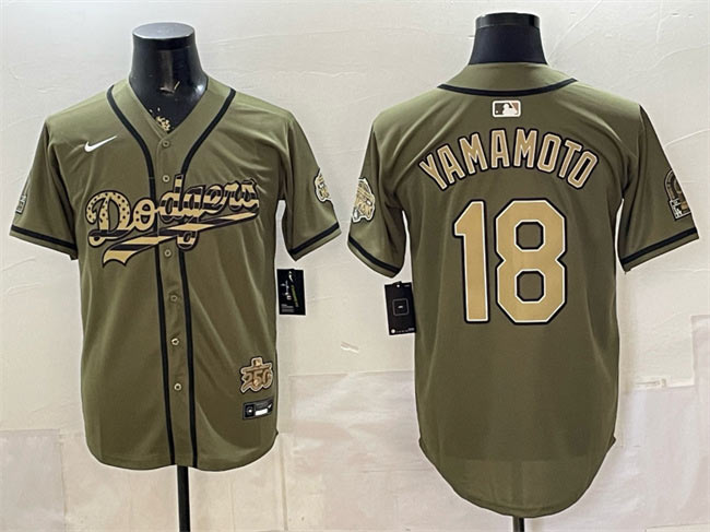 Mens Los Angeles Dodgers 18 Yoshinobu Yamamoto Olive 2026 Armed Forces Day Stitched Baseball Jersey