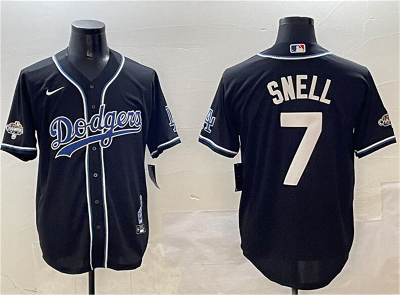 Mens Los Angeles Dodgers 7 Blake Snell Black 2024 World Series Champions Cool Base Stitched Baseball Jersey