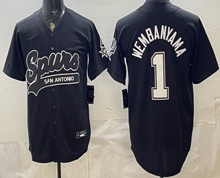 Mens San Antonio Spurs 1 Victor Wembanyama Black Stitched Baseball Jersey