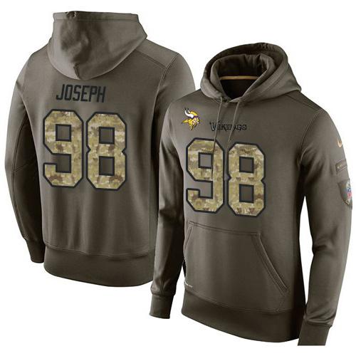 NFL Men Minnesota Vikings 98 Linval Joseph Stitched Green Olive Salute To Service KO Performance Hoodie