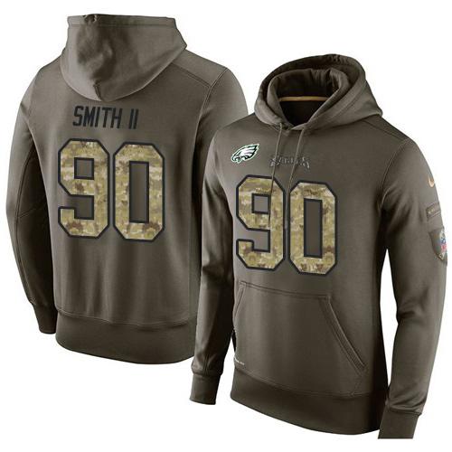 NFL Men Philadelphia Eagles 90 Marcus Smith II Stitched Green Olive Salute To Service KO Performance Hoodie
