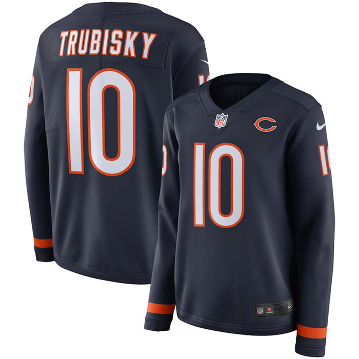 Bears 10 Mitchell Trubisky Navy Women Long Sleeve Limited Jersey