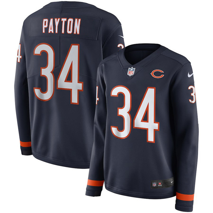 Bears 34 Walter Payton Navy Women Long Sleeve Limited Jersey