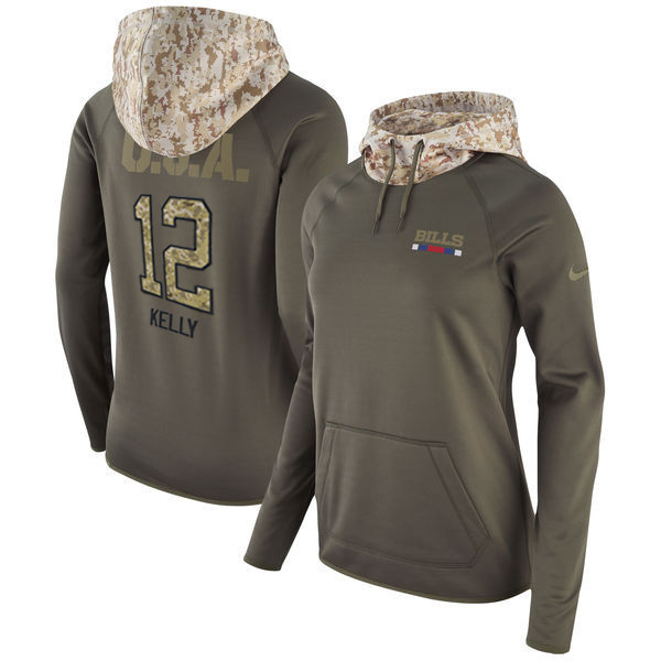 Bills 12 Jim Kelly Olive Women Salute To Service Pullover Hoodie