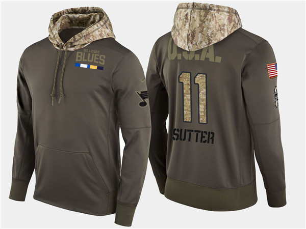 Blues 11 Brian Sutter Retired Olive Salute To Service Pullover Hoodie