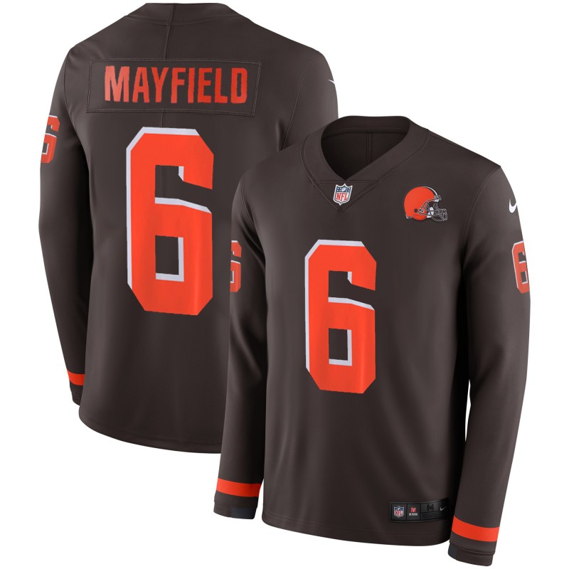 Browns 6 Baker Mayfield Brown Therma Long Sleeve Jersey