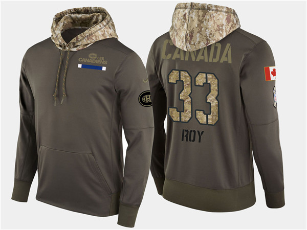 Canadiens 33 Patrick Roy Olive Salute To Service Pullover Hoodie
