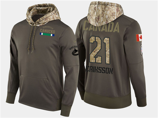 Canucks 21 Loui Eriksson Olive Salute To Service Pullover Hoodie