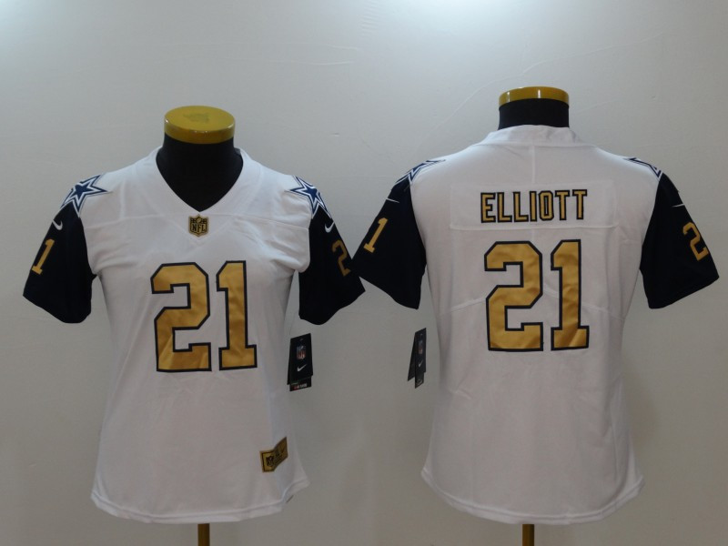 Cowboys 21 Ezekiel Elliott White Gold Women Color Rush Limited Jersey