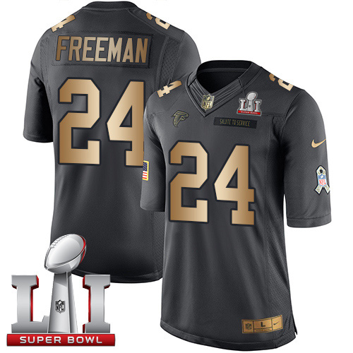 Falcons 24 Devonta Freeman Black Super Bowl LI 51 Men Stitched NFL Limited Gold Salute To Service Jersey