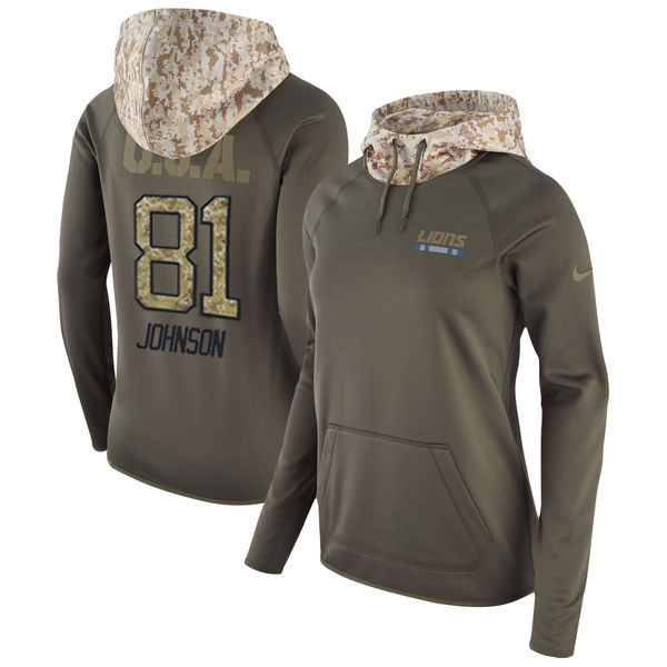 Lions 81 Calvin Johnson Olive Women Salute To Service Pullover Hoodie