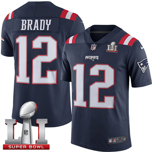 Patriots 12 Tom Brady Navy Blue Super Bowl LI 51 Men Stitched NFL Limited Rush Jersey