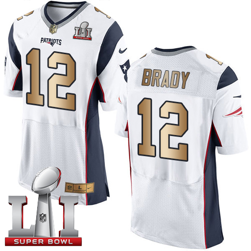 Patriots 12 Tom Brady White Super Bowl LI 51 Men Stitched NFL New Elite Gold Jersey