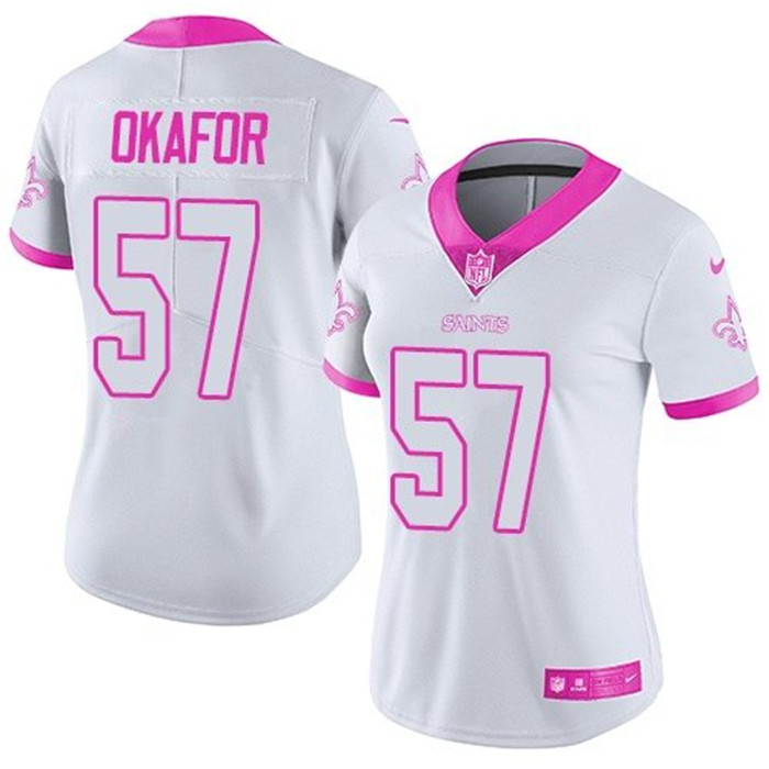 Saints 57 Alex Okafor White Pink Fashion Women Rush Limited Jersey