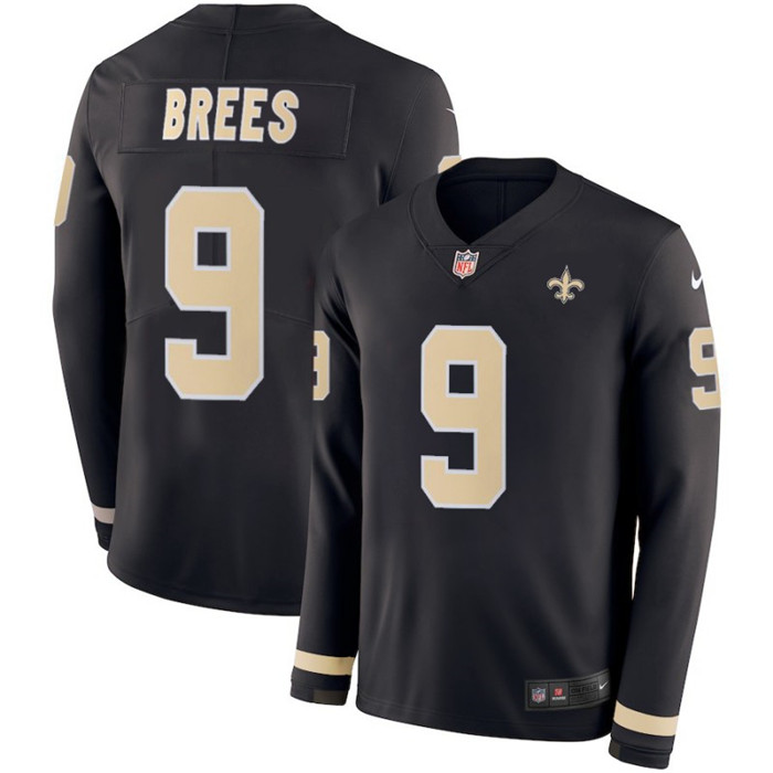 Saints 9 Drew Brees Black Therma Long Sleeve Jersey