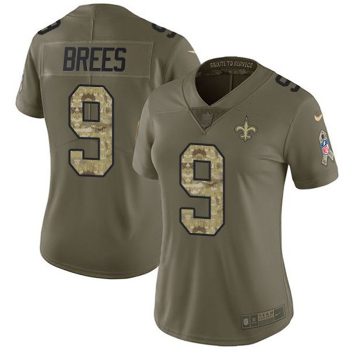 Saints 9 Drew Brees Olive Camo Women Salute To Service Limited Jersey