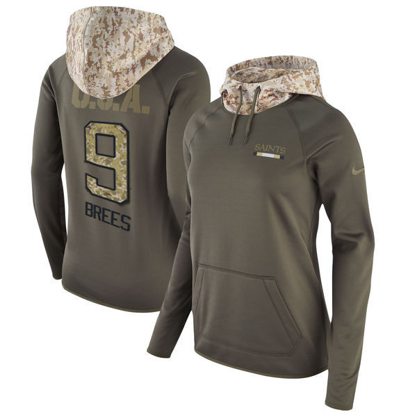 Saints 9 Drew Brees Olive Women Salute To Service Pullover Hoodie