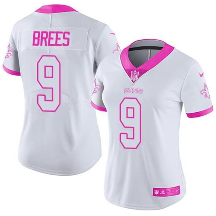 Saints 9 Drew Brees White Pink Fashion Women Rush Limited Jersey