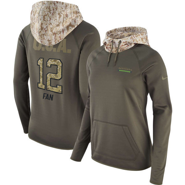 Seahawks 12 Fan Olive Women Salute To Service Pullover Hoodie