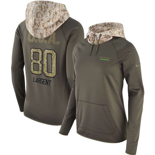 Seahawks 80 Steve Largent Olive Women Salute To Service Pullover Hoodie