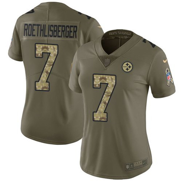 Steelers 7 Ben Roethlisberger Olive Camo Women Salute To Service Limited Jersey