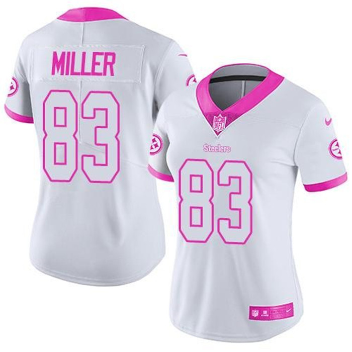 Steelers 83 Heath Miller White Pink Women Rush Limited Jersey