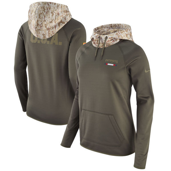 Women's New England Patriots Olive Salute to Service Sideline Therma Pullover Hoodie