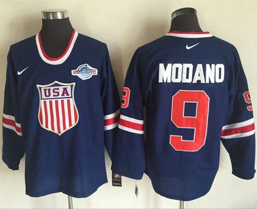 Team USA 9 Mike Modano Navy Blue 2014 Olympic Throwback Stitched NHL Jersey