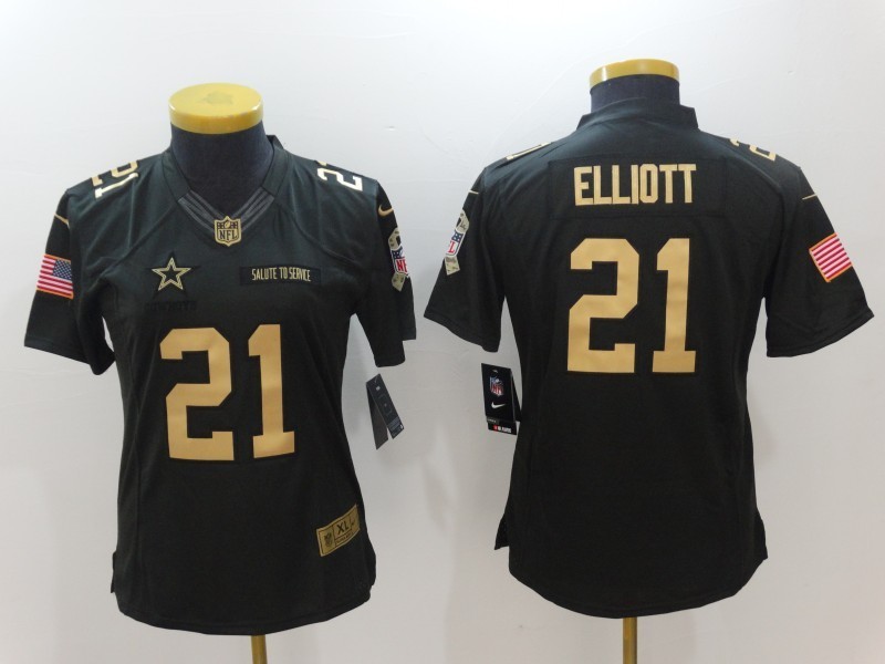 Women Dallas Cowboys 21 Ezekiel Elliott Anthracite Gold Special Edition Salute to Service Jersey