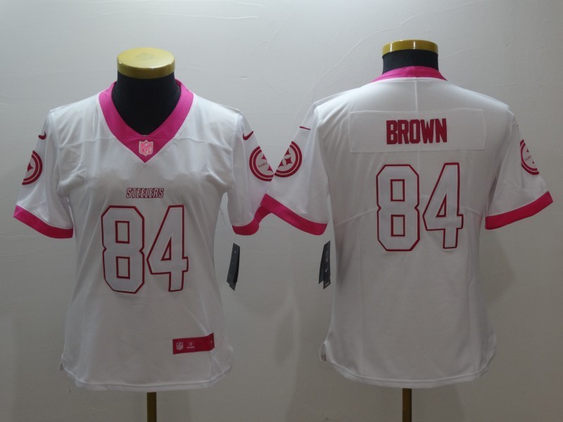 Women Pittsburgh Steelers 84 Antonio Brown Limited White Pink Rush Fashion NFL Jersey
