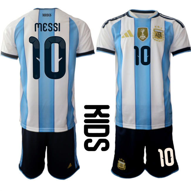 Youth Argentina 10 Lionel Messi White Blue 2025 26 Home Soccer Jersey Suit
