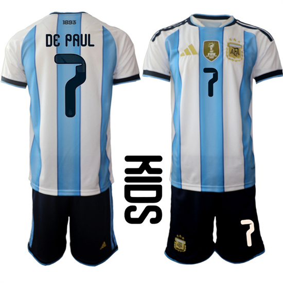 Youth Argentina 7 DE PAUL National Team FIFA x World Cup 2026 Home White On Field Kids Jersey