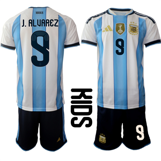 Youth Argentina 9 J.ALUAREZ National Team FIFA x World Cup 2026 Home White On Field Kids Jersey