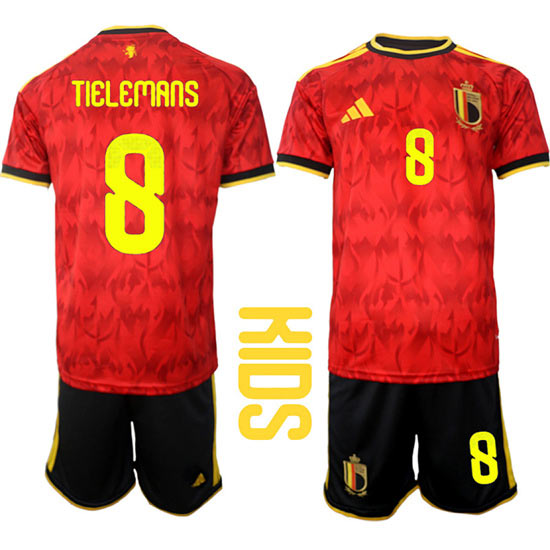 Youth Belgium 8 TIELEMANS National Team FIFA x World Cup 2026 Home Red On Field Kids Jersey
