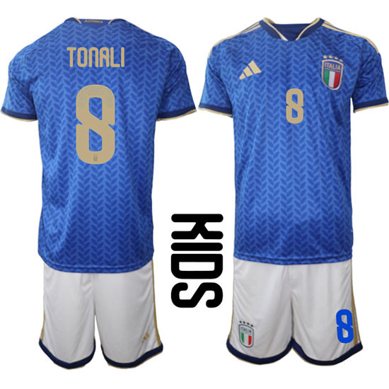 Youth Italy 8 TONALI National Team FIFA x World Cup 2026 Home Blue On Field Kids Jerseys
