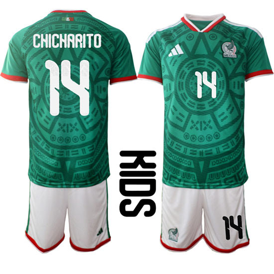 Youth Mexico 14 CHICHARITO National Team FIFA x World Cup 2026 Home Green On Field Kids Jersey