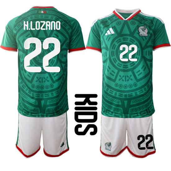 Youth Mexico 22 H.LOZANO National Team FIFA x World Cup 2026 Home Green On Field Kids Jersey